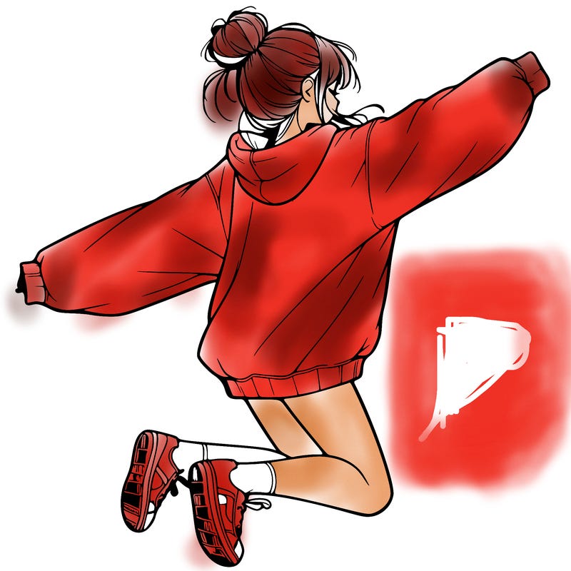 realistic girl jumping with a bun and oversized sweatshirt