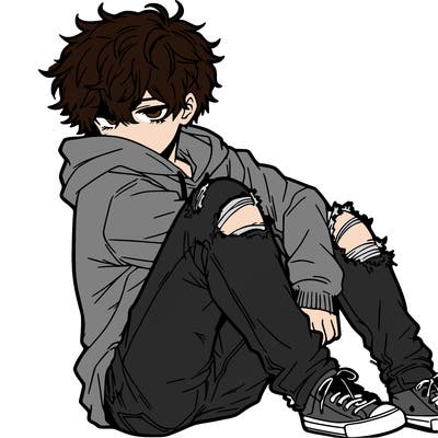 a male hoddie ripped jeans messy hair anime