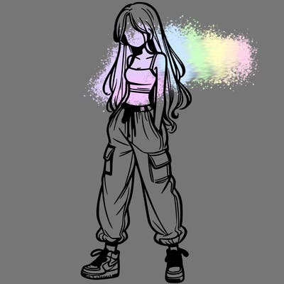 girl in baggy pants crop top and long hair