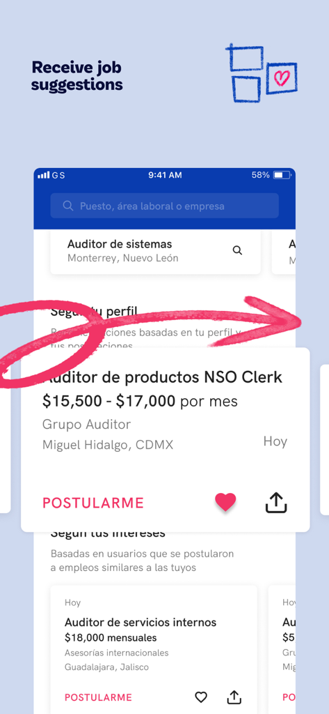 Benutzeroberfläche der OCC Job Search App mit Stellenempfehlungen und Bewerbungsmöglichkeiten.