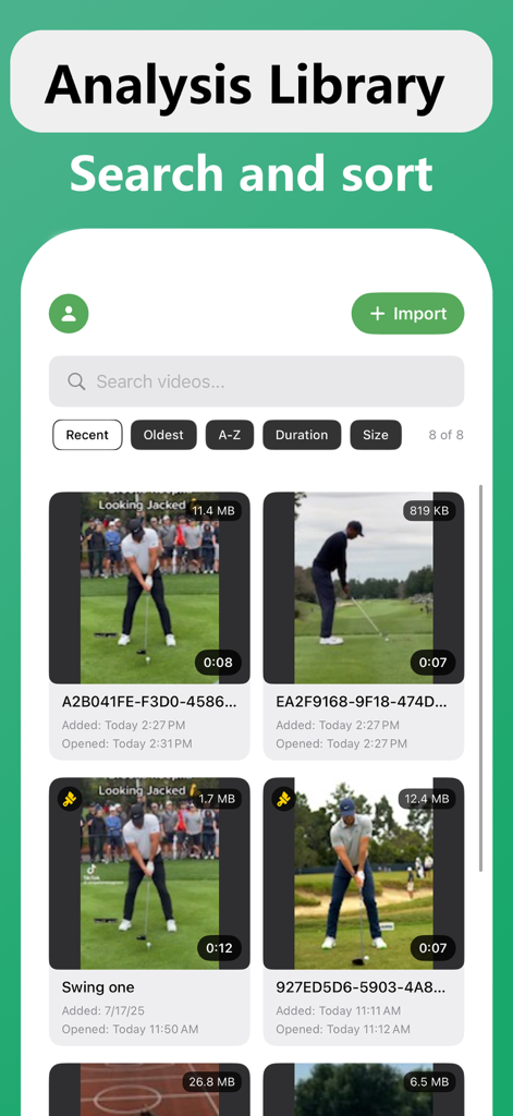 The Analysis Library interface of SwingAi featuring a grid of golf swing videos and search options