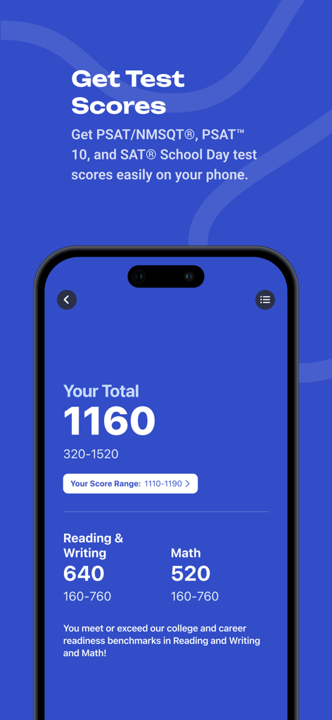 BigFuture School mobile app showing a students SAT and PSAT test score results