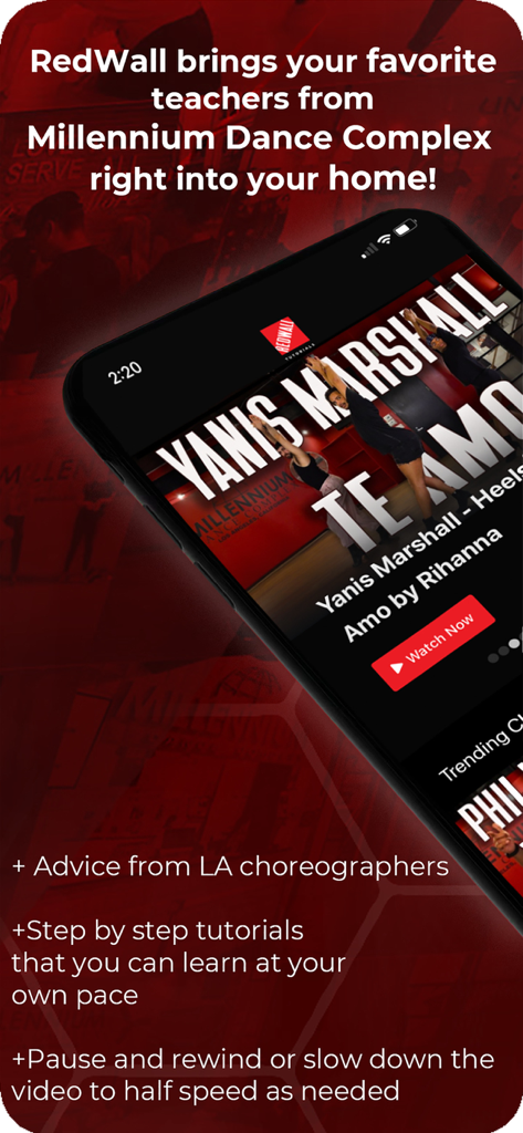 RedWall dance tutorial app interface featuring a Heels class by Yanis Marshall with step by step learning features