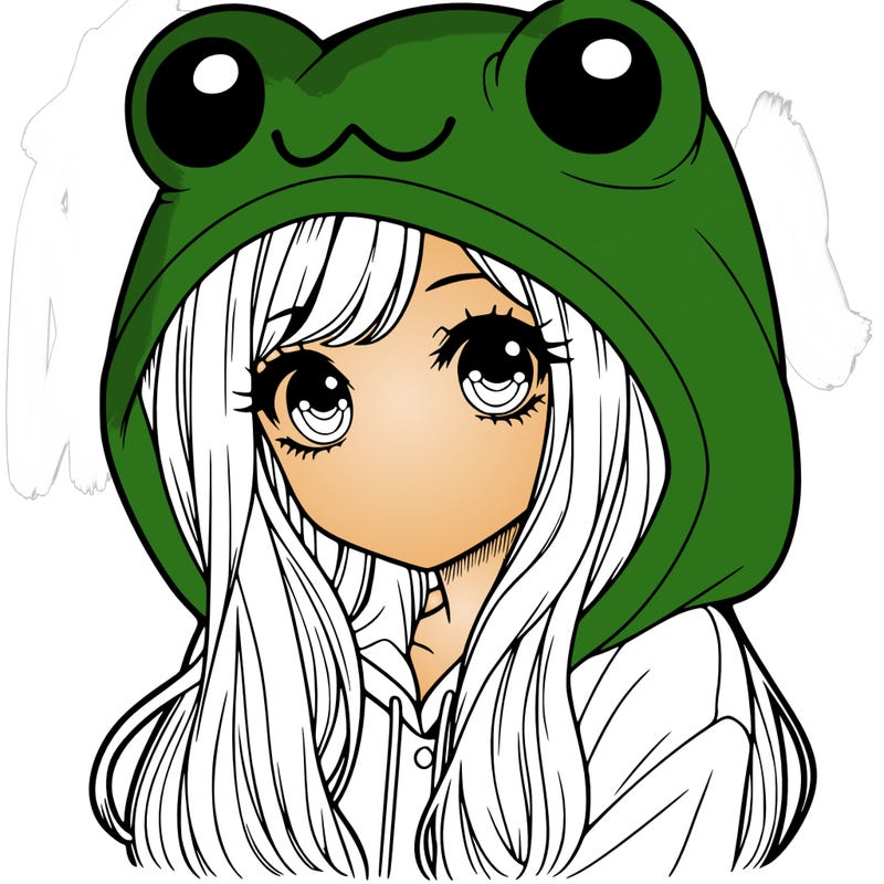a pretty girl wearing a frog hoodie portrait with long hair