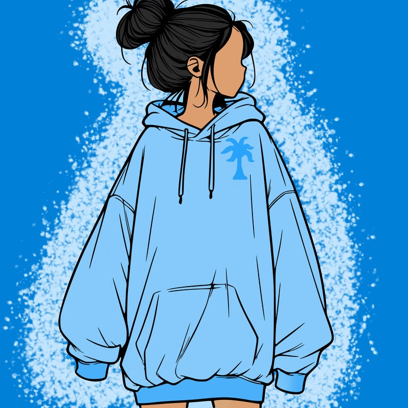 realistic girl with a oversized sweatshirt on and a bun