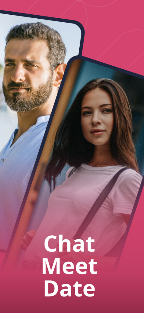 EligibleGreeks - Greek Dating - Greek man and woman on EligibleGreeks dating app screen with Chat Meet Date text