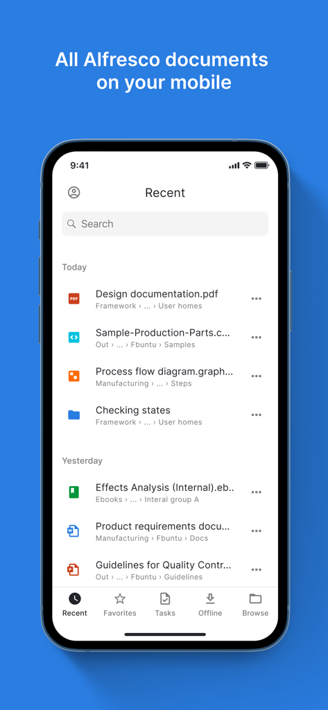 Alfresco Mobile Workspace - Alfresco Mobile Workspace app showing a list of recently accessed enterprise documents on a mobile device.