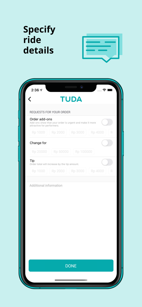 TUDA — rides and delivery - Pantalla de la aplicación TUDA para especificar detalles del viaje y solicitudes de pedido, incluyendo propinas y extras