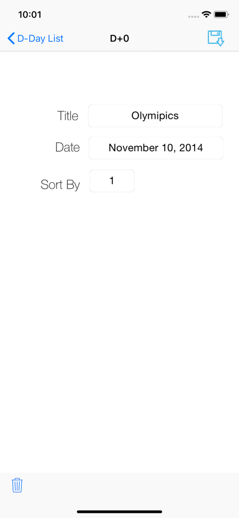 D-Day Counter - The event entry screen of the D-Day Counter app showing fields for title date and sort order