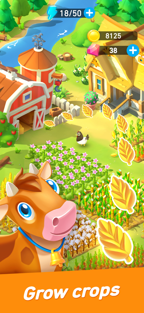 Goodville: Farm Game Adventure - Goodville game screenshot showing a friendly cow on a colorful farm with wheat fields and the text grow crops