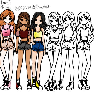 a group of girls wearing crop tops and shorts