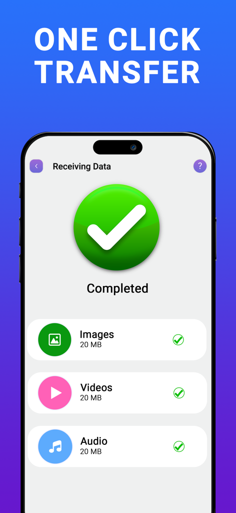 Smart Switch: Copy my data - Smart Switch 앱 화면에 이미지, 동영상, 오디오 파일에 대한 원클릭 데이터 전송 완료 표시