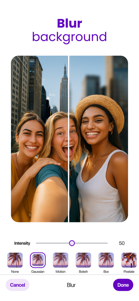 AI Background Editor - Ereasy - AI Background Editor app showing a before and after comparison of a blurred city background on a group selfie