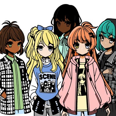 a group of anime girls wearing scene outfits