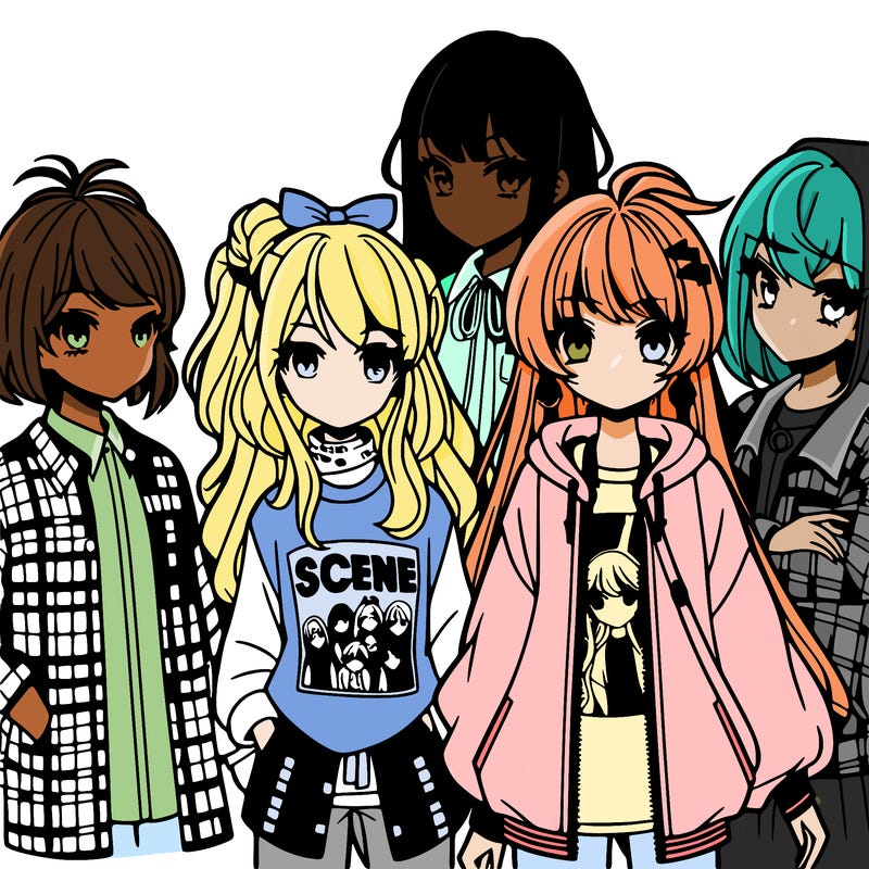 a group of anime girls wearing scene outfits