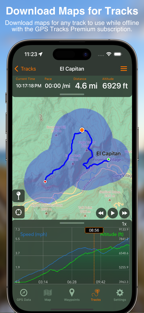 Una pantalla de smartphone mostrando un mapa topográfico de El Capitán con una ruta de senderismo grabada y datos de altitud dentro de la aplicación GPS Tracks