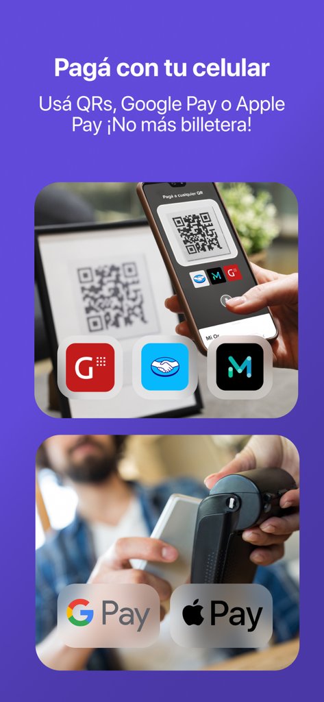 QRコード、Google Pay、Apple Payでの支払いオプションを示すBrubankアプリのインターフェース