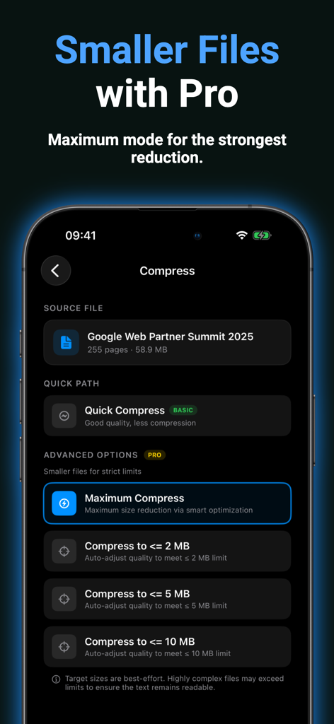 最大ファイル削減と2MB、5MBなどのターゲットサイズ制限のためのプロ機能を示すShrinkPDFアプリのインターフェイス