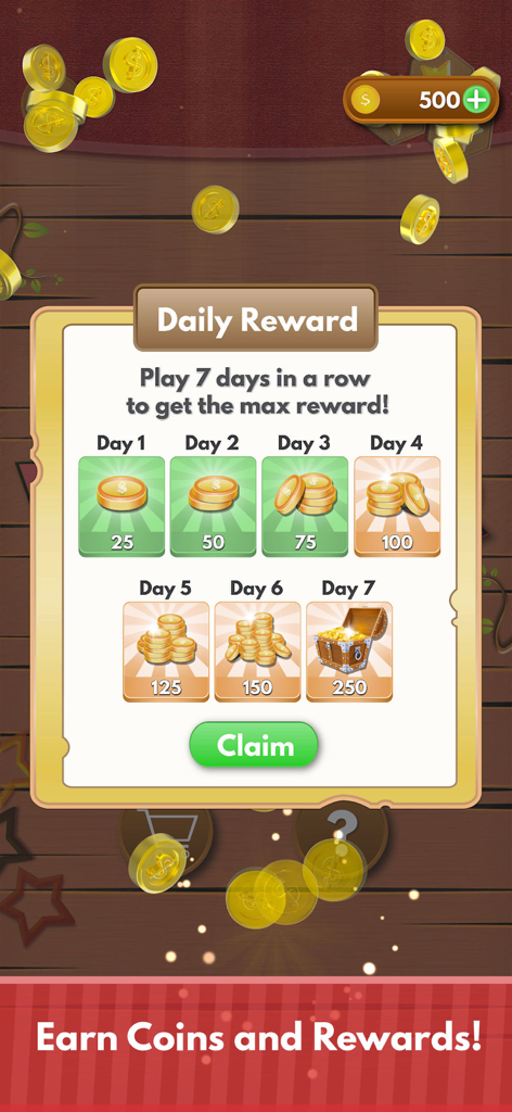 Daily reward popup in the Word Winner app showing coin bonuses for consecutive logins