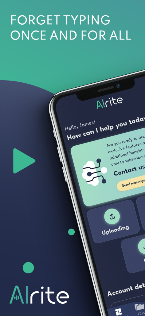 Alrite - Alrite speech to text app interface on a smartphone screen showing transcription and upload options