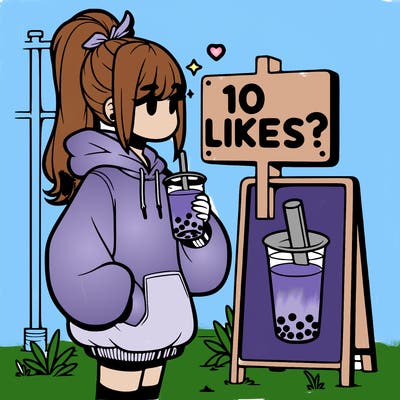girl with oversized hoodie drinking boba and she has a high ponytail with a sign that says 10likes?