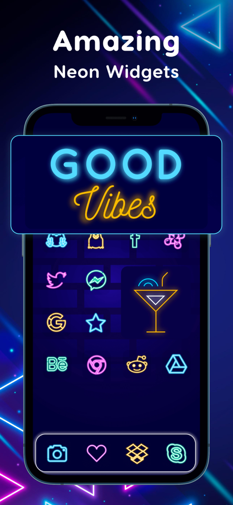Color Widgets & Themes Changer - Un écran d'accueil d'iPhone personnalisé présentant une esthétique néon avec un widget Good Vibes et des icônes d'applications lumineuses.