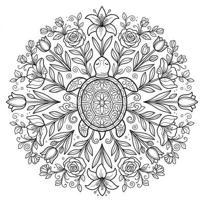 Welcome the beauty of spring with this stunning turtle mandala coloring page. Its intricate design, featuring blooming flowers and a serene turtle, offers a relaxing and creatively rewarding experience.