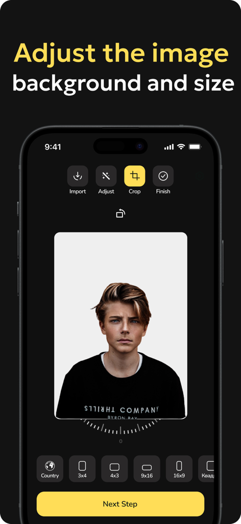 Passport Photo & ID Photo - iPhone screen displaying the Passport Photo app interface for cropping and adjusting a portrait image for documents.