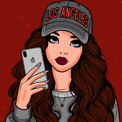 realistic beautiful girl wearing los ángeles cap holding an iphone