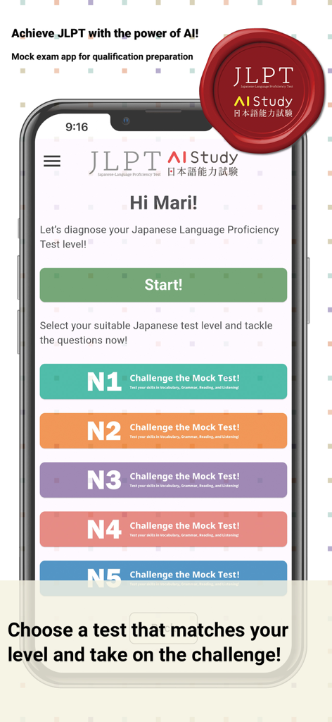 The home screen of the JLPT AI Study app showing buttons to select mock tests for levels N1 through N5