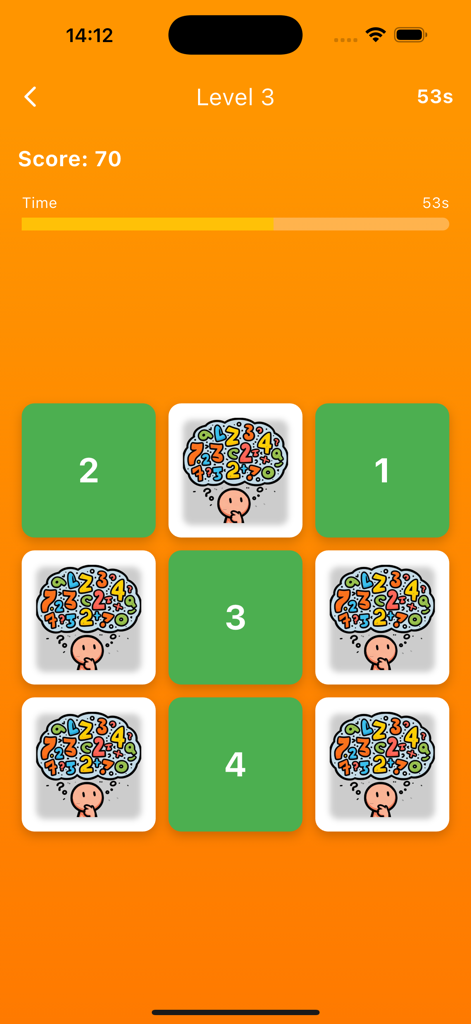 Multi Game Hub - Memory game screen showing numbered tiles and brain illustrations in the Multi Game Hub app.