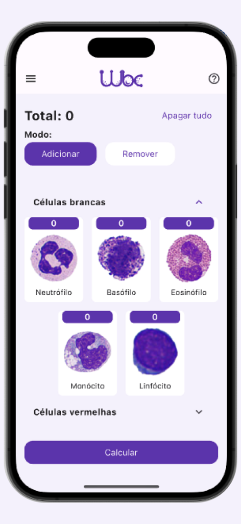 Leucogram | wbc counter - Interfaz de la aplicación del contador de GB de Leucogram que muestra imágenes microscópicas de glóbulos blancos para el recuento manual.
