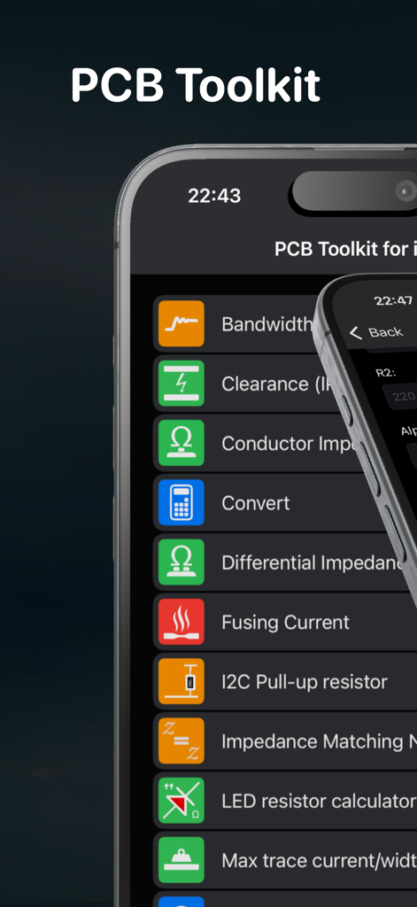 PCB Toolkit - Main menu of the PCB Toolkit app displaying various electrical engineering calculation tools