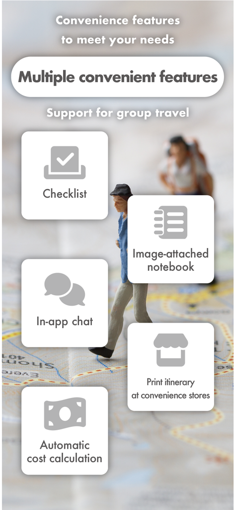 チェックリスト、アプリ内チャット、自動費用計算を含むグループ旅行用のtabioriアプリ機能の表示。