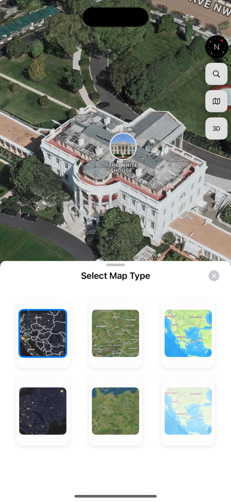 3D satellite view of the White House with a map style selection menu in the Satellite Map app.