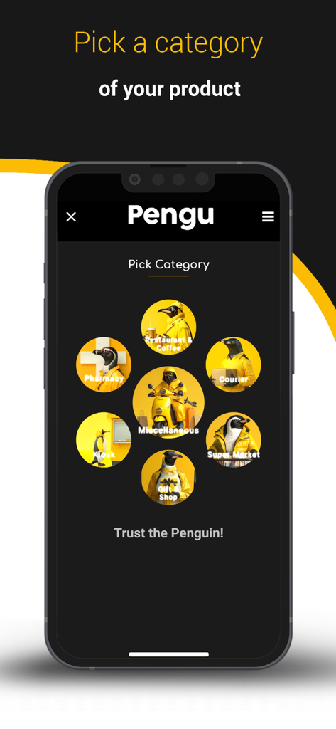 Pengu Mobile App-Bildschirm mit Lieferdienstkategorien wie Apothekenkurier und Supermarkt mit Pinguin-Symbolen