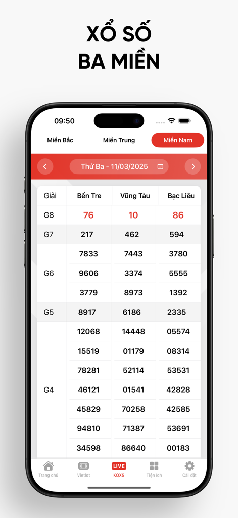 Xổ Số Live - Xo So Live app interface displaying Vietnamese lottery results for Southern provinces