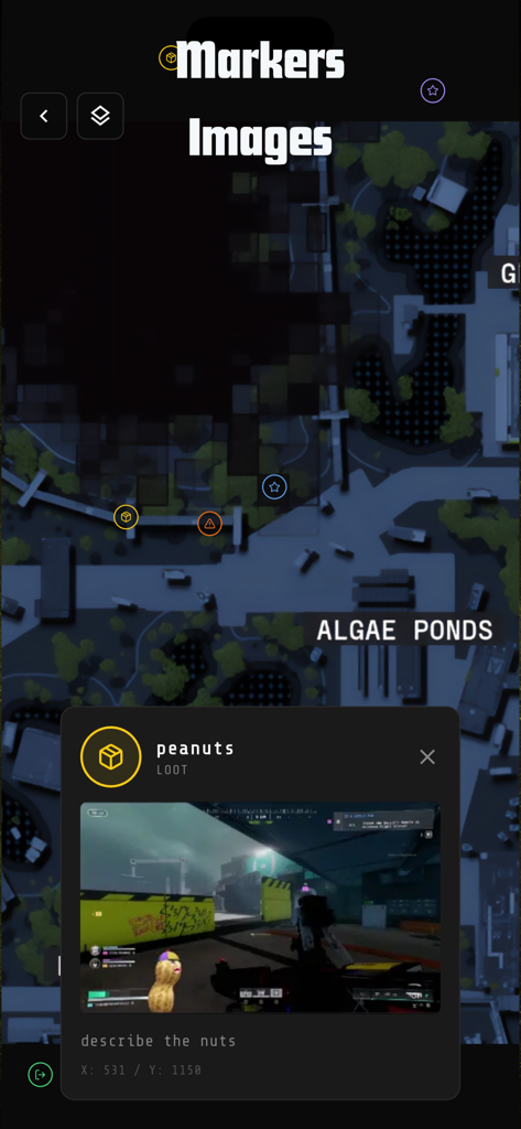 Runner - Marathon Map - 마라톤 게임을 위한 전리품 마커와 상세 아이템 정보를 보여주는 Runner 앱의 전술 지도 인터페이스.