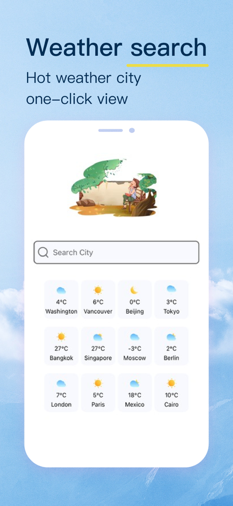 Weather - Storm Tracker Alert - Pantalla de la aplicación meteorológica con una barra de búsqueda y mosaicos de temperatura para las principales ciudades del mundo