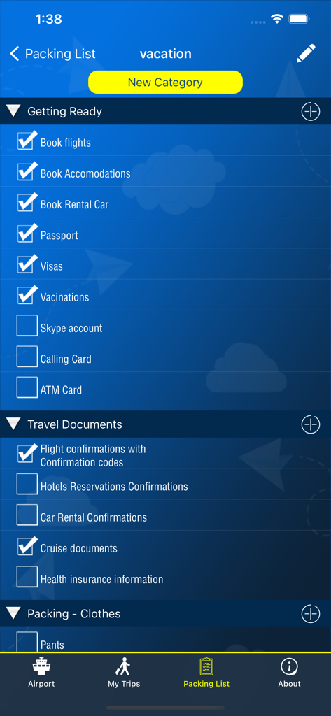 Eine digitale Reise-Packliste mit Kategorien für die Vorbereitung und Reisedokumente