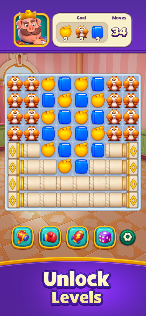 Piggy Kingdom match 3 puzzle board with boosters and king pig mascot