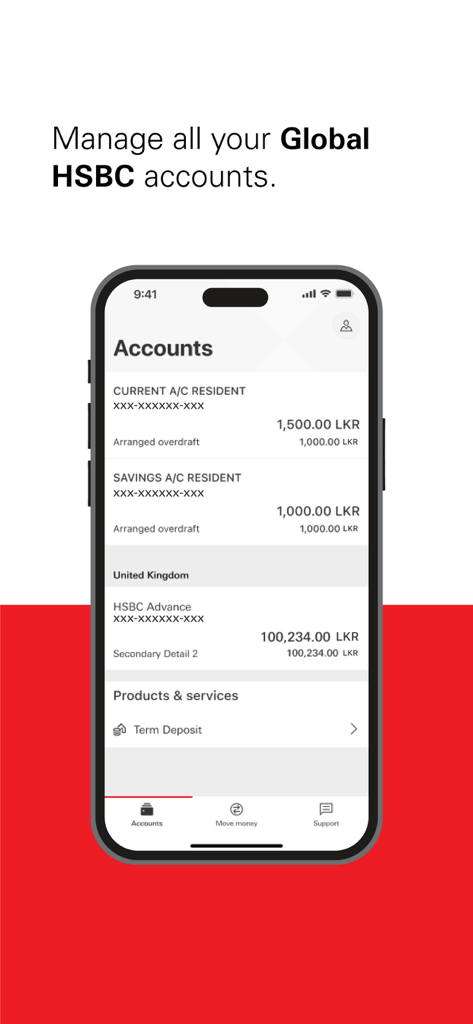 HSBC Sri Lanka - Interfaz de la aplicación móvil de HSBC Sri Lanka que muestra la gestión de cuentas globales y los saldos de cuentas de residentes