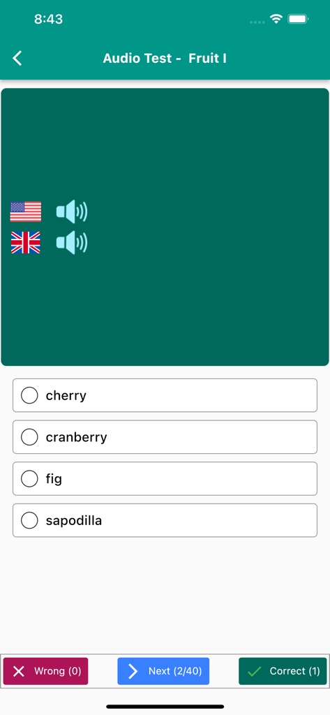 English Vocabulary in Use - English vocabulary app audio test screen for fruit category with US and UK pronunciation options