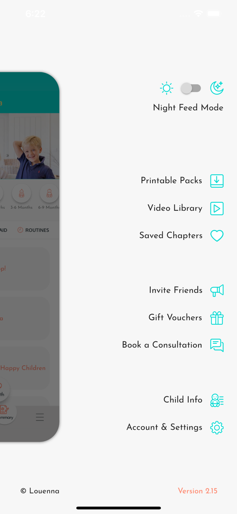 Nanny Louenna - Nanny Louenna app menu showing parenting resources and account settings