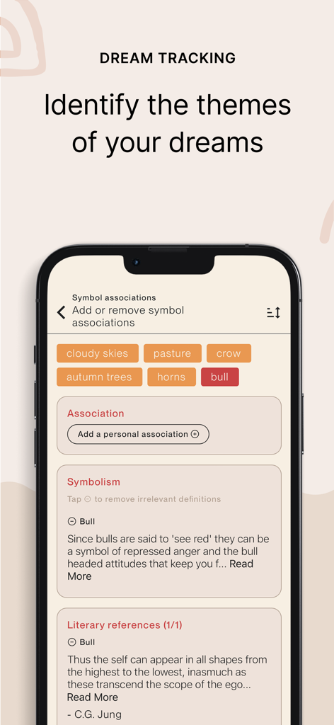 Mobile app screen showing dream symbol associations and psychological analysis with Jungian references