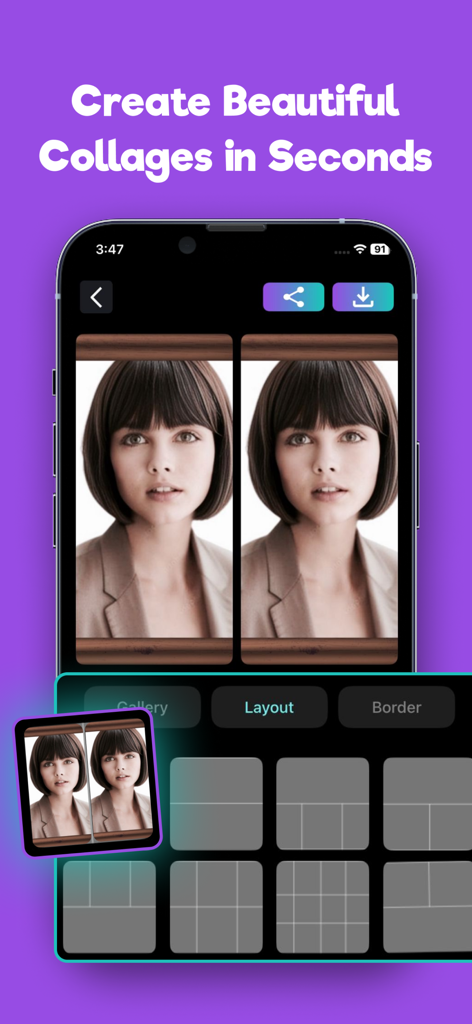 Interfaz de una aplicación móvil que muestra un creador de collages de fotos con varias opciones de diseño de cuadrícula.