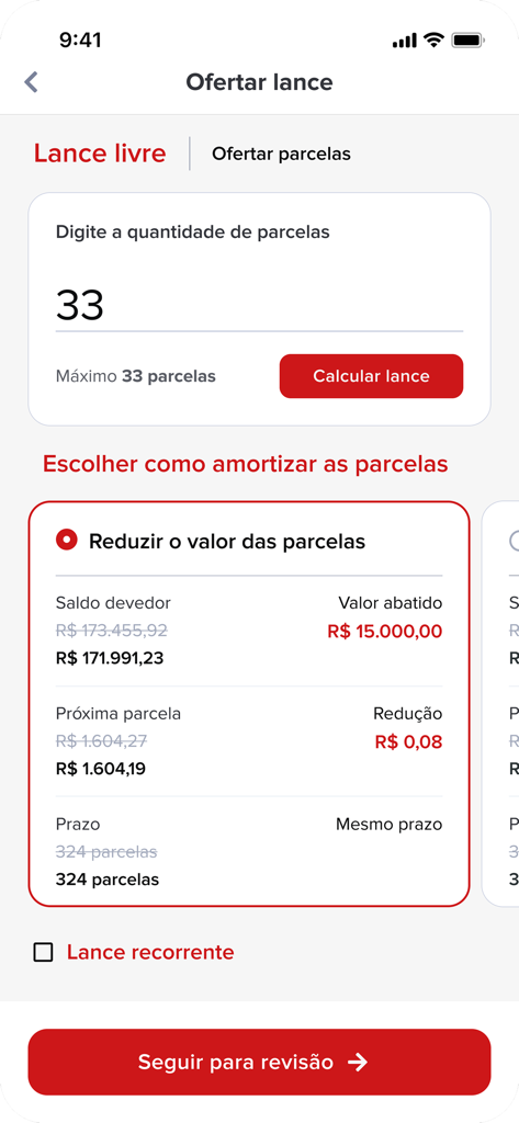 HS Consorcios - HS Consorcios app screen showing the interface to place a bid and calculate installment reductions