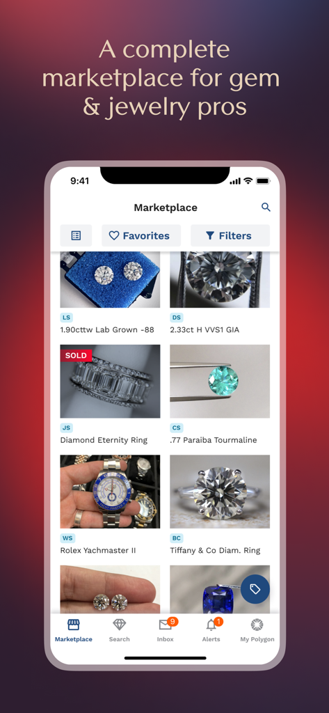 Polygon Jewelers - The marketplace screen of the Polygon Jewelers app showing listings for diamonds, luxury watches, and jewelry for trade professionals.