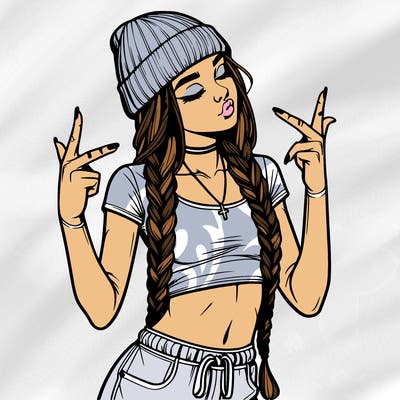 realistic teenage girl with braids and a beanie and crop top doing 🫶🏼