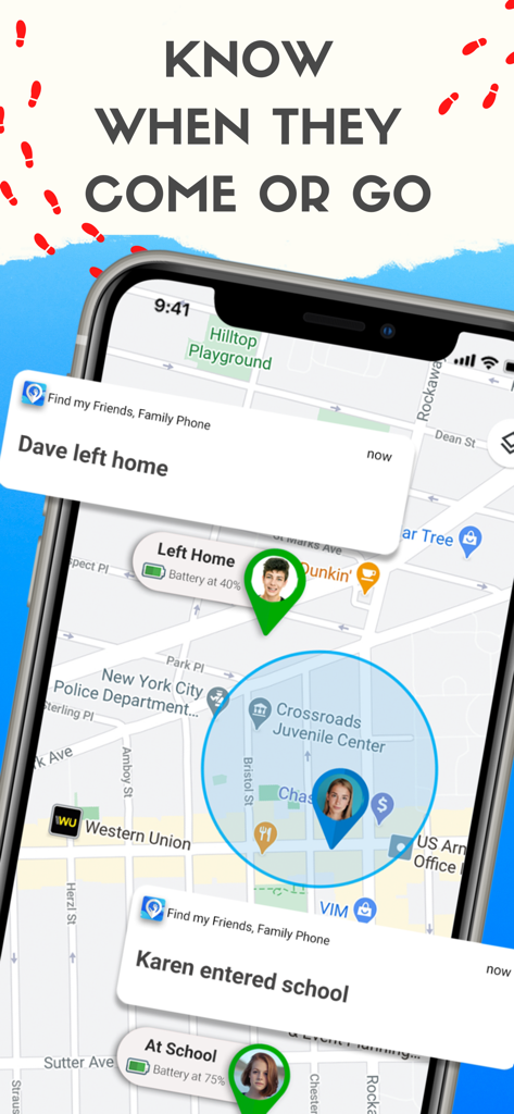 Find my Friends, Family Phone - Mobile app screen showing real time family location tracking with geofencing arrival and departure alerts